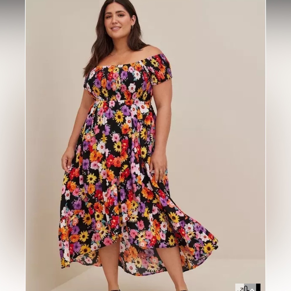 Torrid Maxi Challis Off-Shoulder Dress bright color flower smocked top 18/20 (2) - Picture 1 of 12